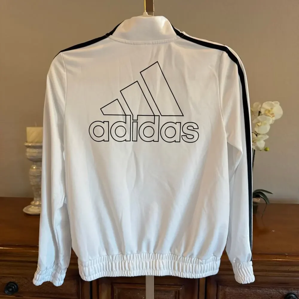 Adidas White Full Zip Track Jacket Black 3 Stripe XL 16 Athletic - Picture 5 of 6